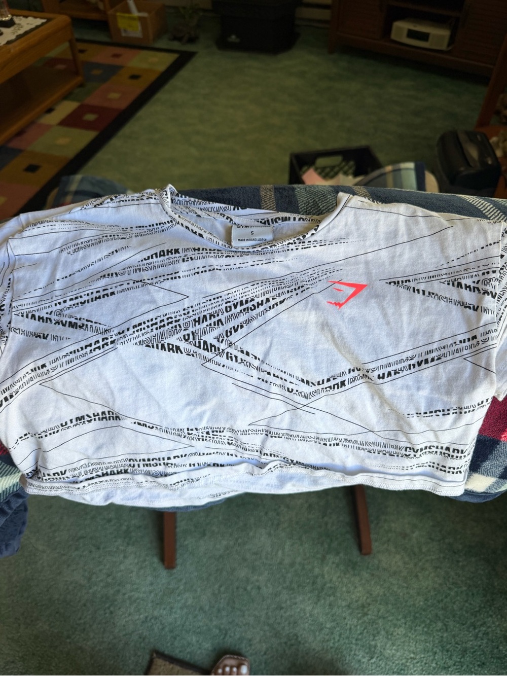 Gymshark White Crop Top with Black Graphic Stripes and Pink Logo